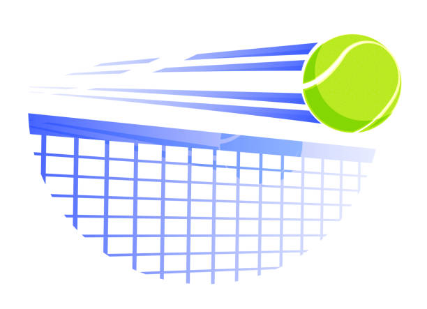 빠른 테니스 공은 테니스 그물에 큰 속도로 비행. 스포츠 장비. 모바일 응용 프로그램 또는 웹에 대한 기호입니다. 벡터 - tennis tennis ball sphere ball stock illustrations