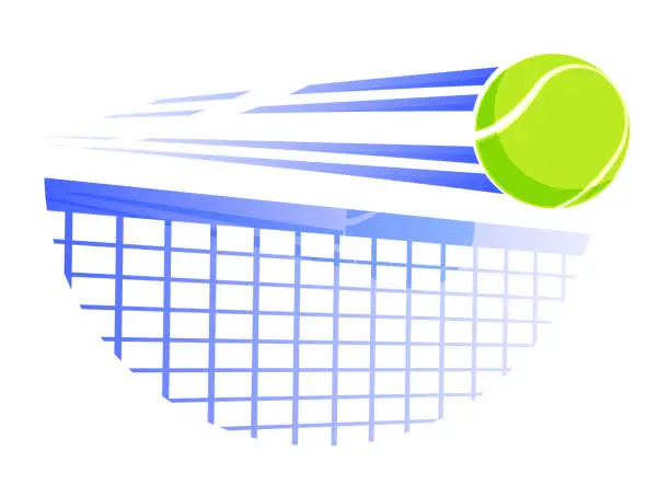 Vector illustration of fast tennis ball flies with great speed on tennis net. Sport equipment. Symbol for mobile application or web. Vector