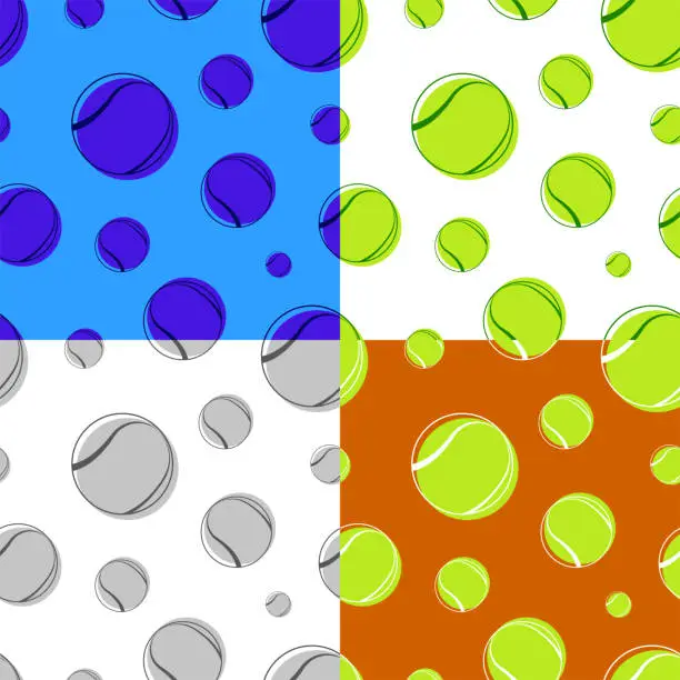Vector illustration of set of seamless patterns with tennis ball. Sport equipment. Ornament for printing and decoration of sports competitions. Vector