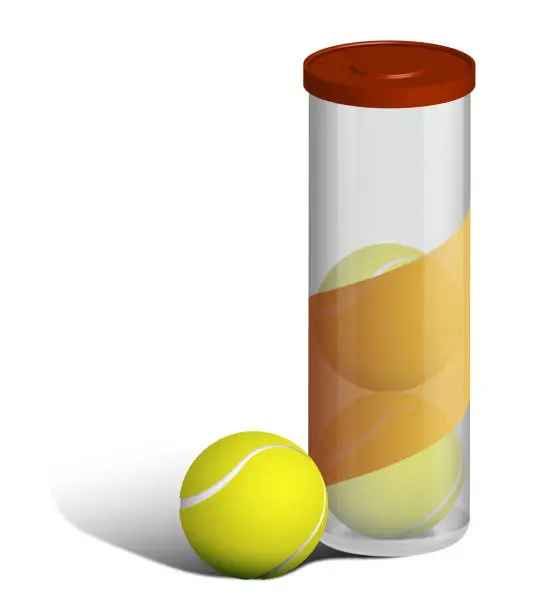 Vector illustration of realistic tennis ball in tube, transparent plastic container isolated on white background. World tennis tournament. Sport equipment. Vector
