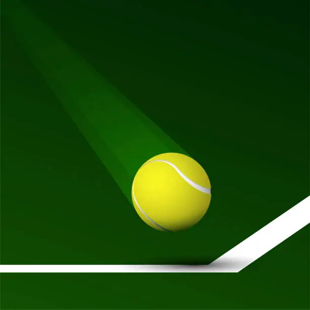 Vector illustration of realistic tennis ball flies in line of court. World tennis tournament. Sport equipment. Background for design sport competitions. Vector