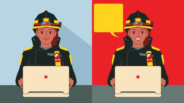 Vector illustration of Smiling beautiful young female firefighter in two facial expressions uses laptop. Technology in the fire service from personal protective equipment to intelligent 3D real-time fire control system