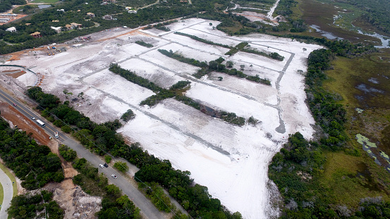 mata de sao joao, bahia - november 2, 2020: aerial view of the deforestation area in native forest for the construction of a residential condominium in the Praia do Forte region.