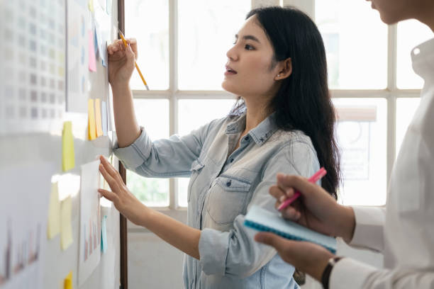 Female showing plan in project management. stock photo