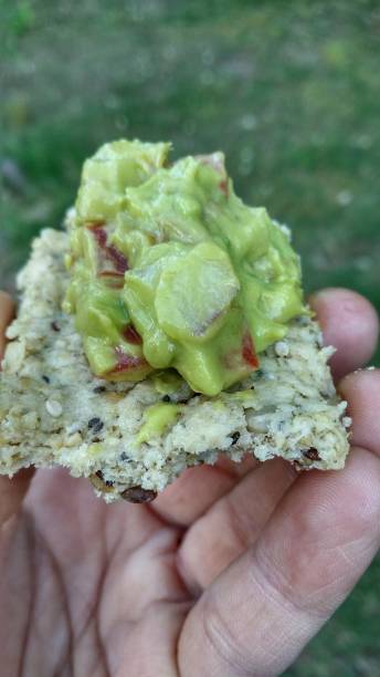 рука проведения крекер печенье с гуакамоле - avocado lemon snack cracker стоковые фото и изображения