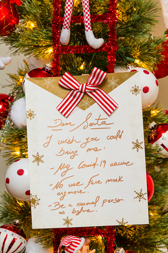 Santa Wish List 2020 with Corona Virus Covid-19 Wishes.

Christmas paper sheet with text 
