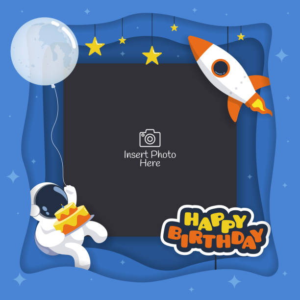 Happy birthday background frame with astronaut, rocket and space objects illustration Celebration background frame for birthday, anniversary, celebration event astronaut borders stock illustrations