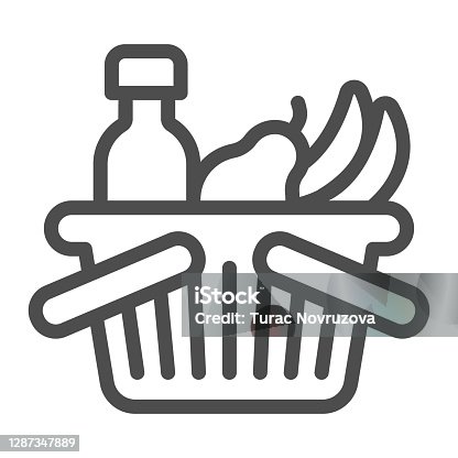 istock Basket with bottle and fruits line icon, Black Friday concept, shop basket sign on white background, shopping basket with fresh food and drink icon in outline style. Vector graphics. 1287347889