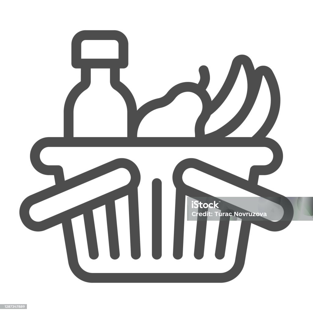 Basket with bottle and fruits line icon, Black Friday concept, shop basket sign on white background, shopping basket with fresh food and drink icon in outline style. Vector graphics. Basket with bottle and fruits line icon, Black Friday concept, shop basket sign on white background, shopping basket with fresh food and drink icon in outline style. Vector graphics Icon stock vector