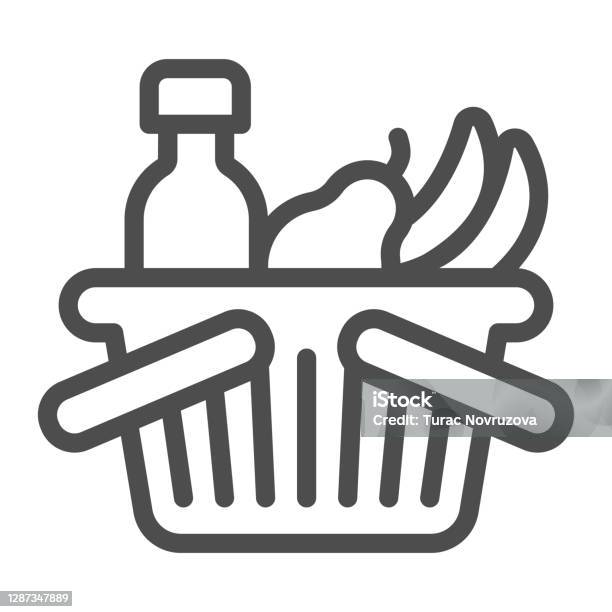 Basket With Bottle And Fruits Line Icon Black Friday Concept Shop Basket Sign On White Background Shopping Basket With Fresh Food And Drink Icon In Outline Style Vector Graphics Stock Illustration - Download Image Now
