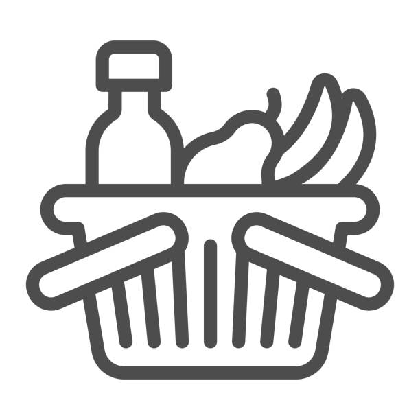 籃子與瓶子和水果線圖示，黑色星期五的概念，購物籃標誌在白色背景，購物籃與新鮮食品和飲料圖示在輪廓風格。向量圖形。 - food 幅插畫檔、美工圖案、卡通及圖標