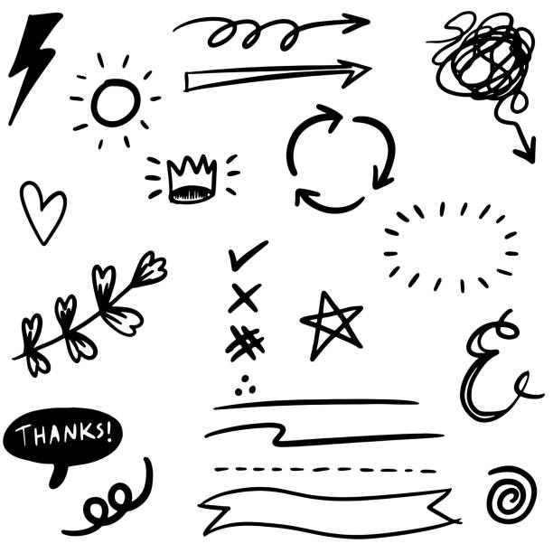 Hand drawn set elements, black on white background. Arrow, heart, love, speech bubble, star, leaf, sun,light,check marks ,crown, king, queen,Swishes, swoops, emphasis ,swirl, for concept. Hand drawn set elements, black on white background. Arrow, heart, love, speech bubble, star, leaf, sun,light,check marks ,crown, king, queen,Swishes, swoops, emphasis ,swirl, for concept. underline illustrations stock illustrations