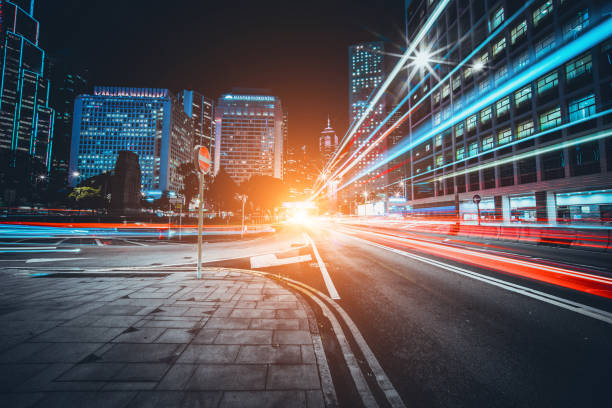 istock Traffic trails in Financial District 1287349443