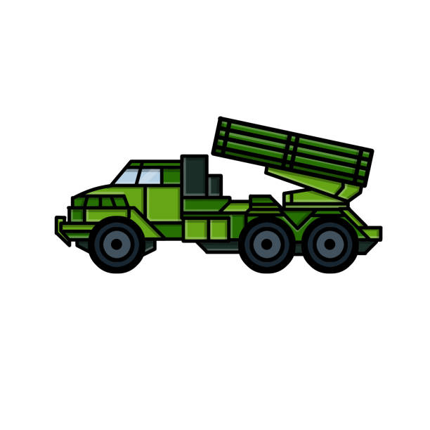 raketenwerfer. grüner lkw mit waffen. modernes luftverteidigungssystem - violence war gun camouflage stock-grafiken, -clipart, -cartoons und -symbole