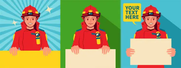 Vector illustration of Smiling beautiful young female firefighter holding a blank sign, with personal protective equipment, two facial expressions and postures