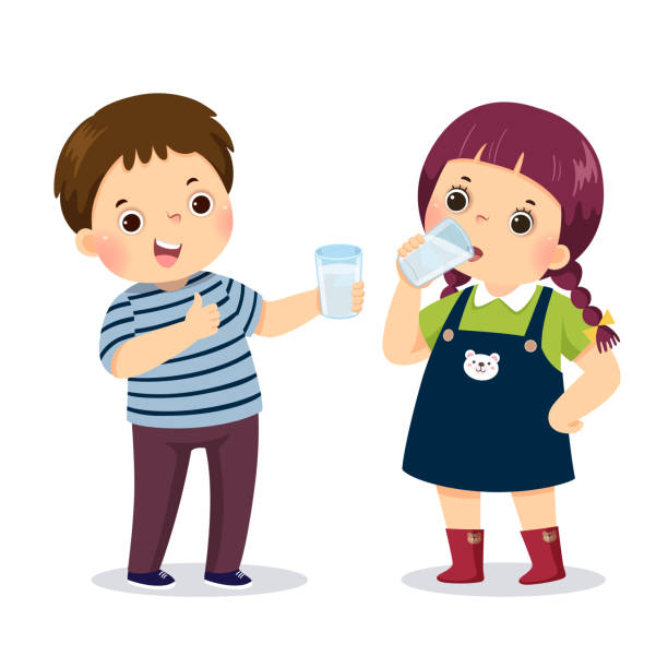 ilustrações de stock, clip art, desenhos animados e ícones de vector illustration cartoon of a little boy holding glass of water and showing thumb up sign with girl drinking water. - family cartoon child little girls