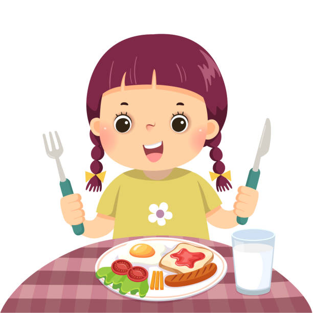 Vector illustration cartoon of a little girl eating breakfast. Vector illustration cartoon of a little girl eating breakfast. eating breakfast stock illustrations