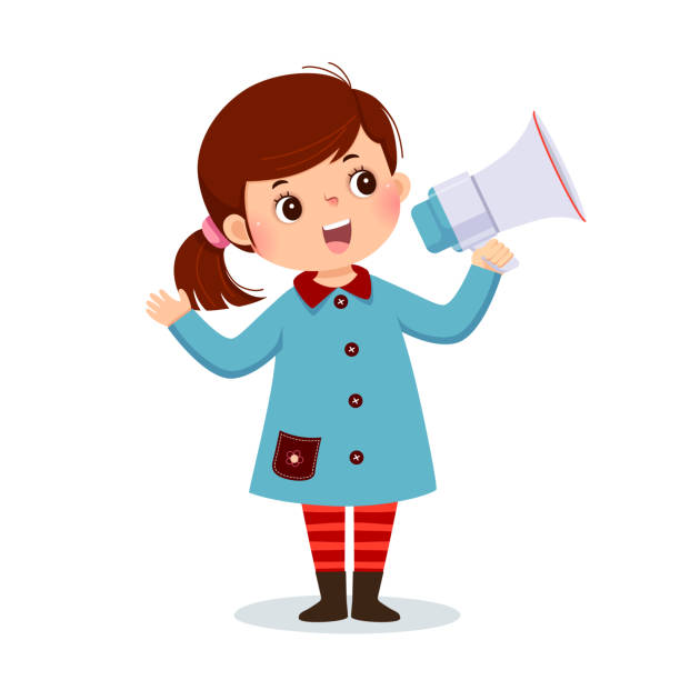 ilustrações de stock, clip art, desenhos animados e ícones de vector illustration cartoon of a little girl shouting by megaphone and showing her hand. - marketing megaphone child using voice