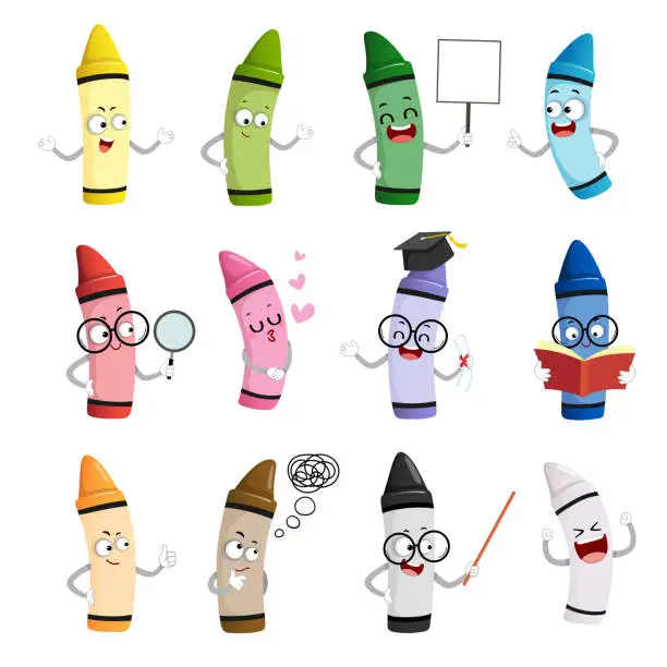 Vector illustration of Vector illustration set of happy cartoon crayon colors mascot characters in different poses and emotions.