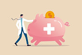 istock Health saving account, HSA, financial plan saving for medical expense or medicare cost and benefits concept, doctor with stethoscope standing with huge pink piggy bank or coin bank with medical sign. 1287353112