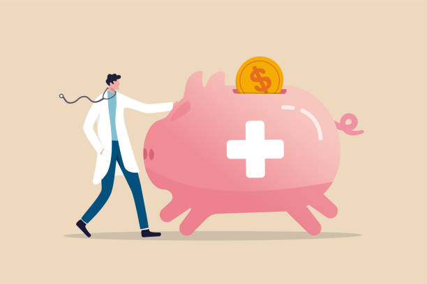 Health saving account, HSA, financial plan saving for medical expense or medicare cost and benefits concept, doctor with stethoscope standing with huge pink piggy bank or coin bank with medical sign. Health saving account, HSA, financial plan saving for medical expense or medicare cost and benefits concept, doctor with stethoscope standing with huge pink piggy bank or coin bank with medical sign. expense illustrations stock illustrations