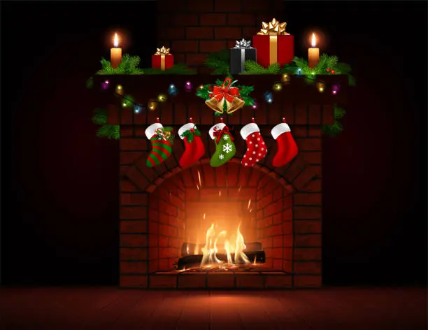 Vector illustration of Burning fire in the fireplace. Firewood, coals, sparks, smoke. Transparency effect. Christmas decor. Very realistic illustration.