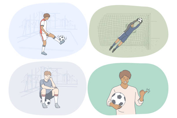 ilustraciones, imágenes clip art, dibujos animados e iconos de stock de fútbol profesional, pelota de fútbol y concepto de partido - people young adult child football