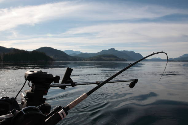 View of Fishing gear on deep sea salmon fishing trip with the ocean and mountain in Vancouver Island, British Columbia, Canada stock photo