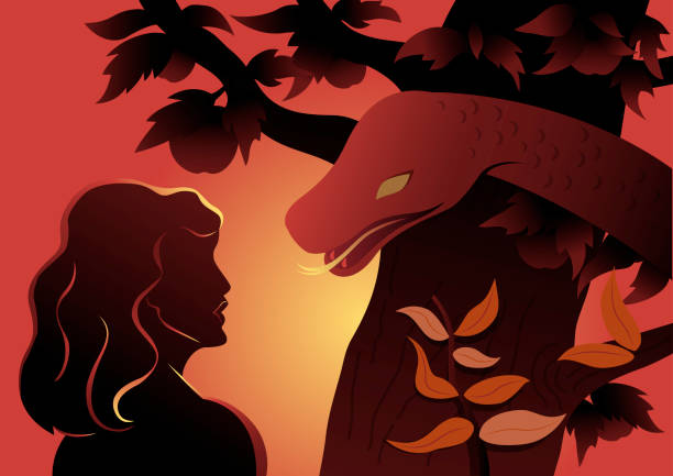 Snake persuading eve An illustration of evil snake persuading eve to eat forbidden fruit pics of a bewitched stock illustrations