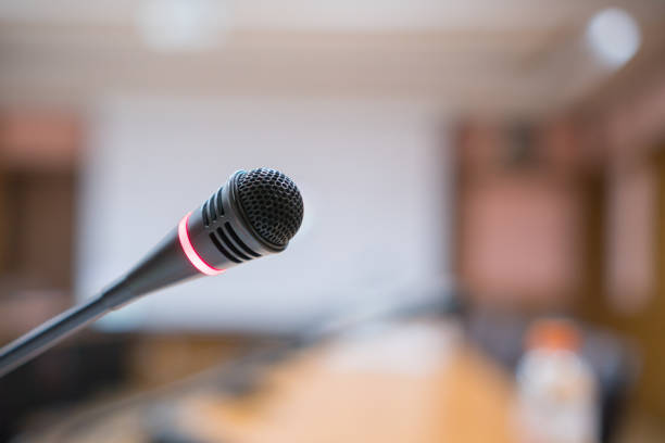 istock Conference room with microphone for presentation or meeting room prepare for speaker and speech about education lecture in university performance in seminar 1287362968