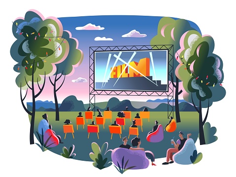 Outdoor cinema, open air movie night. Screen with film outdoor theatre vector illustration. Happy people sitting on chairs in park. City entertainment event on summer night.