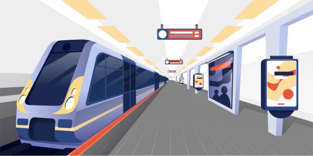 Train at subway station background. Modern metro platform vector illustration. Public transport interior of underground in city. Horizontal cityscape panorama with ad banners Train at subway station background. Modern metro platform vector illustration. Public transport interior of underground in city. Horizontal cityscape panorama with ad banners. train stations stock illustrations