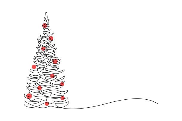 Christmas tree New Year tree in continuous line art drawing style. Christmas tree decorated with red balls. Minimalist black linear design isolated on white background. Vector illustration decorating illustrations stock illustrations