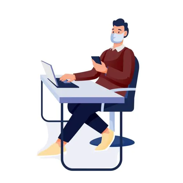 Vector illustration of Man in mask working in office at desk with laptop and phone. Workplace in coronavirus pandemic vector illustration. Young guy sitting at table with laptop holding smartphone on white background