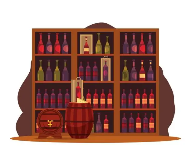 Vector illustration of Wine restaurant storage with barrels and bottles background. Wooden winery interior design. Organic produce vector illustration. Beverage traditional business