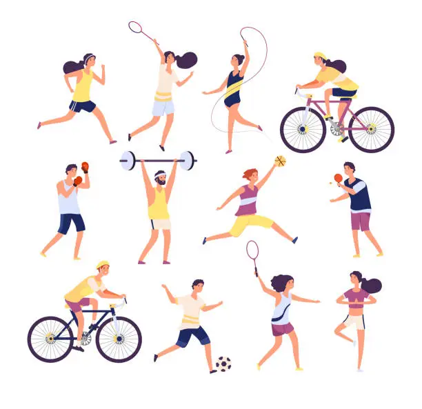 Vector illustration of Sports people set. Exercising persons gymnast, runner and tennis player, boxer and footballer. Isolated cartoon vector characters set