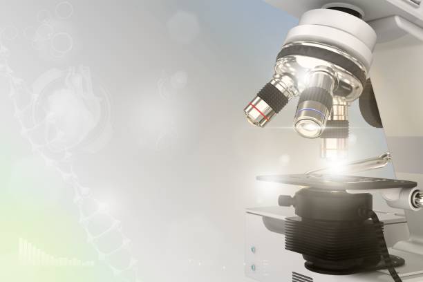istock Medical work concept, laboratory hi-tech scientific microscope on colorful overlay background - medical 3D illustration 1287366768