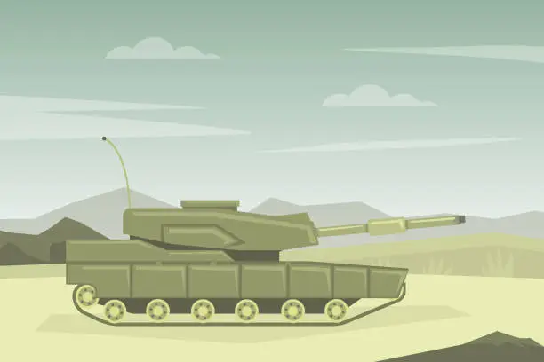 Vector illustration of Modern Military Tank in Desert Landscape Flat Vector Illustration