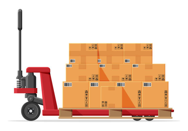 ручной поддон грузовик с картонными коробками изолированы - forklift picking up pallet hydraulic platform stock illustrations