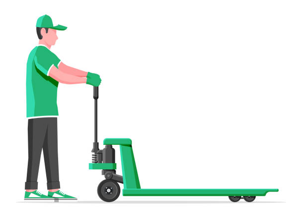 Man with hand pallet jack lift isolated on white. Man with hand pallet jack lift isolated on white. Empty hand pallet truck and male mover. Worker in uniform with cargo cart. Delivery, logistic and shipping cargo. Flat vector illustration pallet jack handle stock illustrations