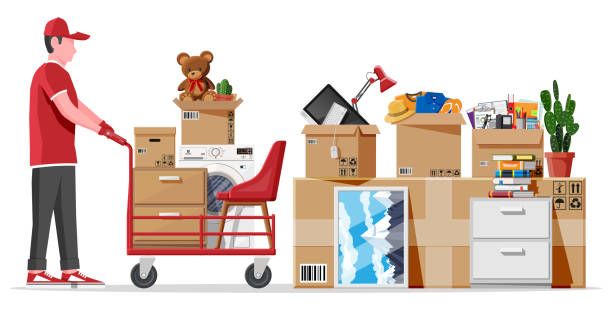Mover and hand truck, package for transportation Male mover, hand truck and package for transportation. Moving to new house. Family relocated to new home. Paper cardboard boxes with various household thing. Vector illustration in flat style mover delivery person box hand truck stock illustrations