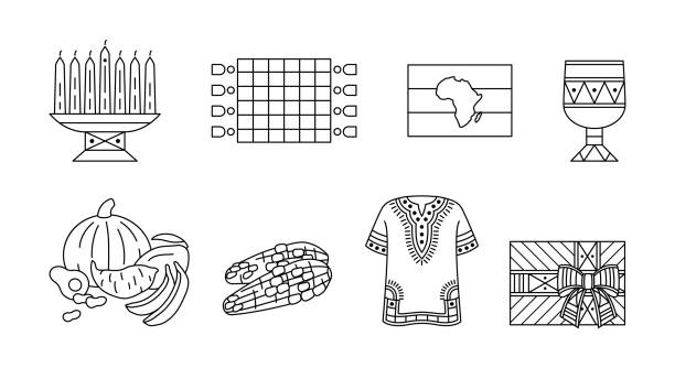ilustraciones, imágenes clip art, dibujos animados e iconos de stock de conjunto de iconos lineales para la celebración de kwanzaa. kwanza, festival de la unidad afroamericana - delinear símbolos tradicionales - kwanzaa