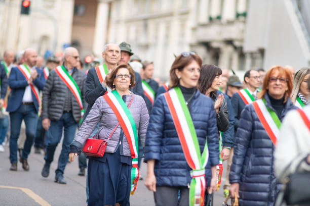 Italian Mayors Milan Italy 12 May 2019: During the national assembly of the Alpine Corps the mayors parade french flag stock pictures, royalty-free photos & images
