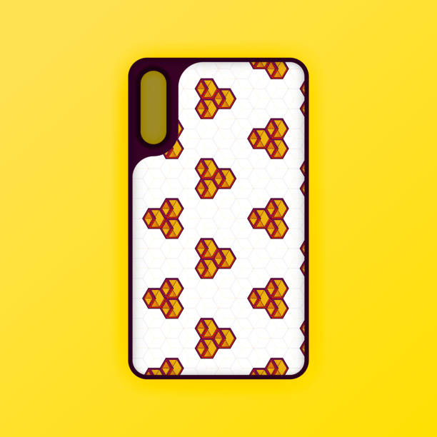 istock yellow mobile phone screen mockup template. Futuristic geometric and abstract hexagon background. Realistic smartphone case mockup design. Can be used for marketing, advertising, social media, print 1287371876