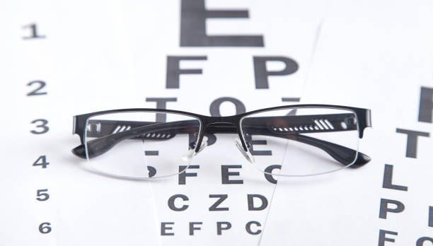 istock Eye test chart with eyeglasses. Medical eye diagnostic 1287372008