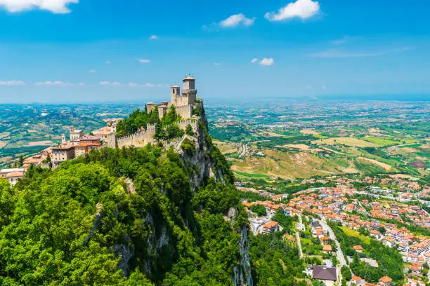 Mighty Guaita Tower and fortress on Mount Titano above the Republic of San Marino