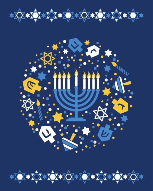 ilustraciones, imágenes clip art, dibujos animados e iconos de stock de tarjeta de felicitación hanukkah con menorah, dreidels, estrellas de david, velas sobre fondo azul. - hanukkah