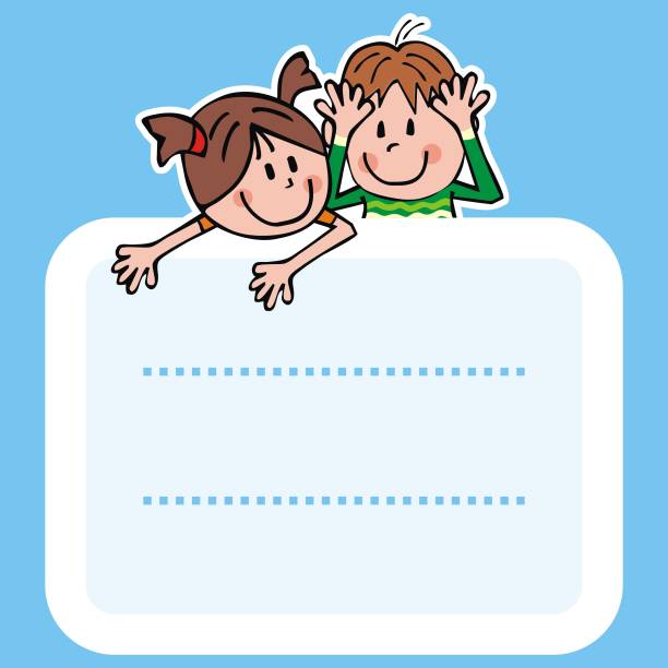 Label, boy and girl, vector icon label for exercise book, boy and girl, vector illustration on blue background art name plates stock illustrations