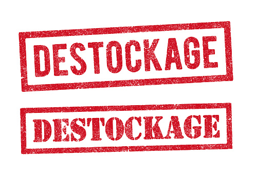 Vector illustration of the word Destockage (Clearance in French) in red ink stamp in two different styles