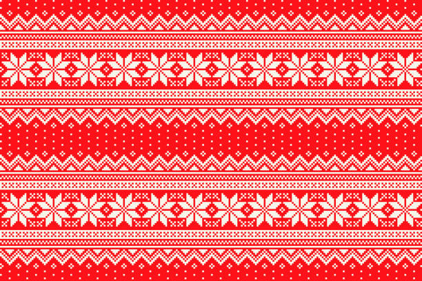 겨울 휴가 픽셀 패턴. 전통적인 크리스마스 스타 장식. 니트 스웨터 패턴 디자인 에 대한 구성. 원활한 벡터 배경. - 북유럽 stock illustrations